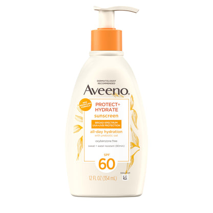 Aveeno Protect + Hydrate Sunscreen Moisturizing Body Lotion with Prebiotic Oat, Broad Spectrum SPF 60, Paraben, Oxybenzone & Oil Free, Weightless, Water & Sweat Resistant for Sensitive Skin, 12 Fl Oz