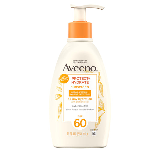 Aveeno Protect + Hydrate Sunscreen Moisturizing Body Lotion with Prebiotic Oat, Broad Spectrum SPF 60, Paraben, Oxybenzone & Oil Free, Weightless, Water & Sweat Resistant for Sensitive Skin, 12 Fl Oz