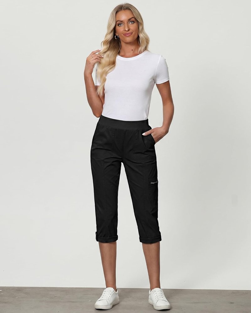 Capri Cargo Pants for Women - High Waisted Stretch Twill with Pockets | Comfortable Fit