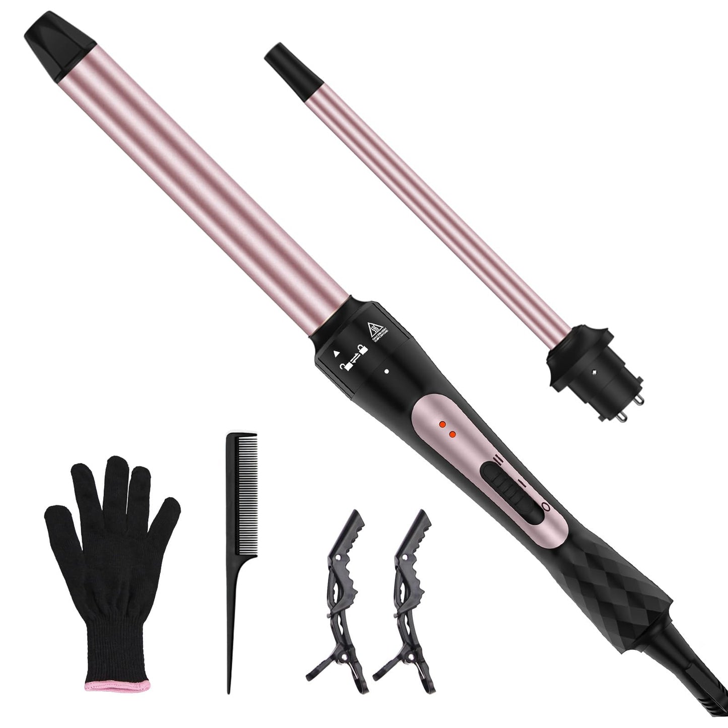 3 in 1 Curling Iron, Curling Wand Set with 3 Interchangable Ceramic Beach Waves Wands(0.75"-1.25"), Dual Voltage 30s Fast Heating with Heat Resistant Glove & 2 Clip for Long/Short All Hairstyle