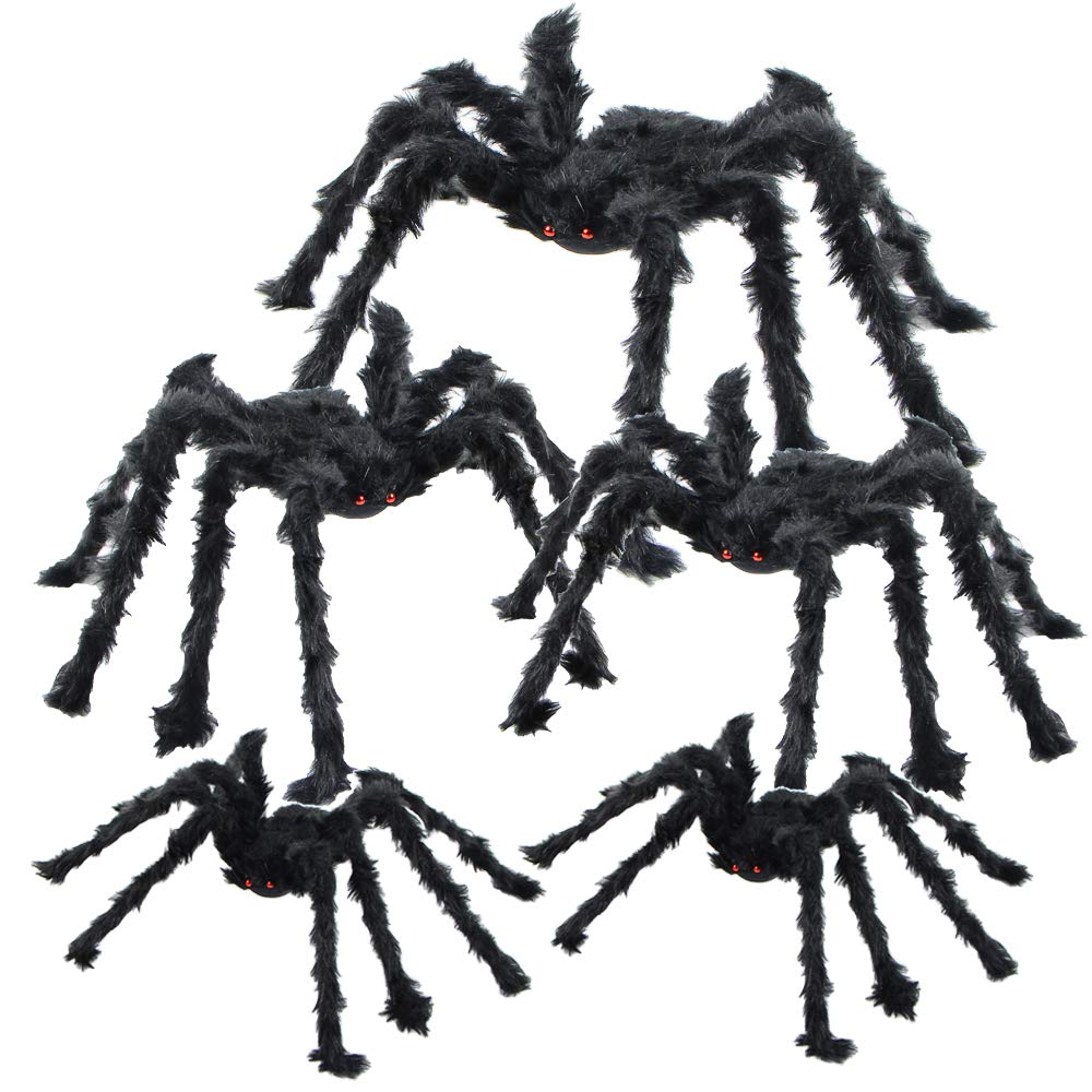 BEIGUO 5pcs Halloween Spider Set: Giant Hairy Spider with Red Eyes, Bendable Legs - Scary Decorations for Patio, Yard, Garden, House (30", 20", 12")