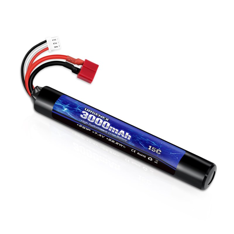 URGENEX 3000mAh Airsoft Battery 7.4V Stick Battery with Dean-Style T Plug 2S Rechargeable Stick Shape RC Lithium-ion Fit for Most Airsoft Model Guns Rifles