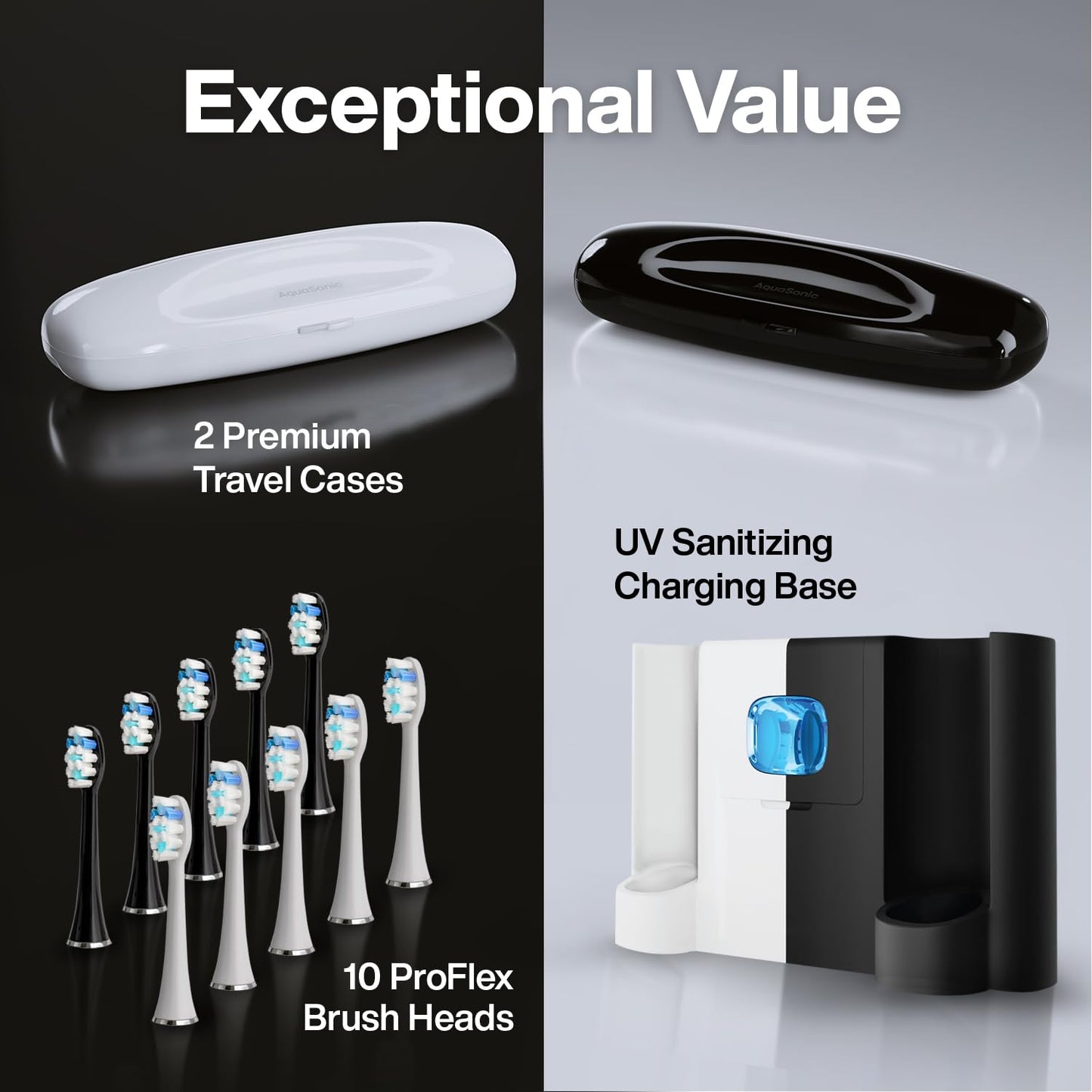 Aquasonic Duo PRO Ultra Whitening 40,000 VPM Electric Smart ToothBrushes ADA Accepted - 4 Modes with Smart Timers - UV Sanitizing & Wireless Charging Base - 10 Proflex Brush Heads & 2 Travel Cases