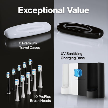 Aquasonic Duo PRO Ultra Whitening 40,000 VPM Electric Smart ToothBrushes ADA Accepted - 4 Modes with Smart Timers - UV Sanitizing & Wireless Charging Base - 10 Proflex Brush Heads & 2 Travel Cases