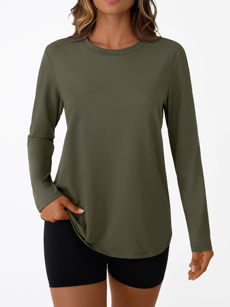 AUTOMET Women's Long Sleeve Workout Tops UPF 50+ Sun Shirts UV Protection for Running Hiking Quick Dry Rash Guard Army Green M