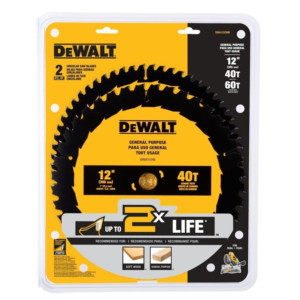 DEWALT Miter Saw Blade Combo Pack, 12” Blades, 40 Tooth & 60 Tooth, Fine Finish, Ultra Sharp Carbide (DWA112CMB)