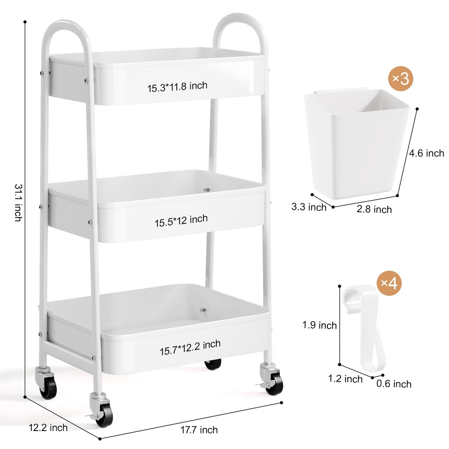 3 Tier Heavy Duty White Metal Rolling Cart with Lockable Wheels, Three Tier Roller Book Snack Cart, Utility Storage Organizer Carts for Kitchen, Bathroom, Garage, Baby Diaper, Craft, Art, Teacher