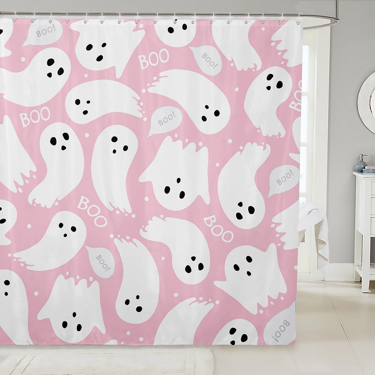 Feelyou Pink Halloween Bath Curtain 72"x72" Cartoon Pink Ghost Shower Curtain for Kids Kawaii Cute Bathroom Shower Curtain Set Polyester Kids Bathroom Accessories