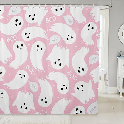 Feelyou Pink Halloween Bath Curtain 72"x72" Cartoon Pink Ghost Shower Curtain for Kids Kawaii Cute Bathroom Shower Curtain Set Polyester Kids Bathroom Accessories