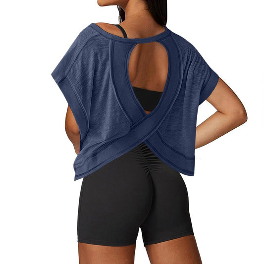 UNIANKIYA Open Back Workout Tops for Women Loose Fit Athletic Crop Tee Short Sleeve Gym Running Yoga Shirt Dark Blue