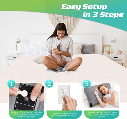 Grounding Pillowcase Queen Conductive Grounding Mat with 15ft Grounding Cord 20x30in Sleep Therapy Relieve Stress Increase Energy Gray