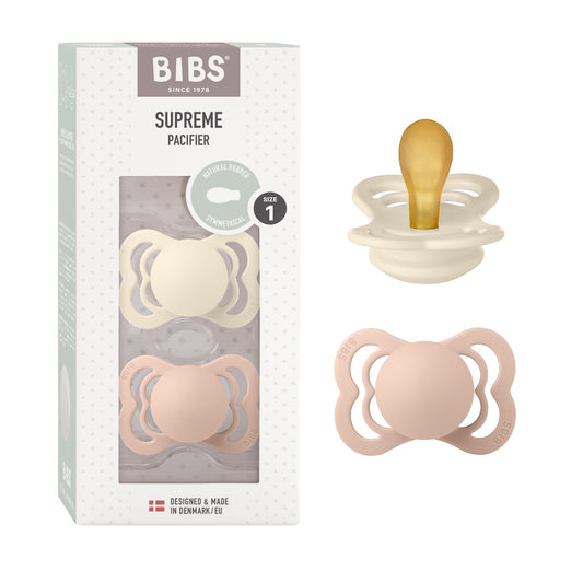 BIBS Supreme Baby Pacifier 2-Pack | Made in Denmark | BPA Free Dummy Soother, Symmetrical Nipple. Natural Rubber Latex, Size 1 (0-6 Months), Ivory / Blush