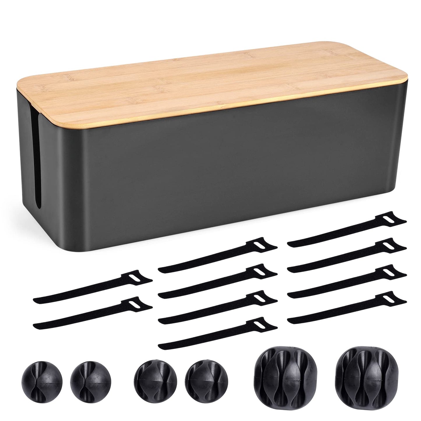 Cable Management Box - Wooden Style Large Cord Organizer to Hide Wires & Power Strips | Desk Computer Cable Organizer | Safe ABS Material | 16" (L) x 6.2" (W) 5.3" (H) | for Home & Office - Black