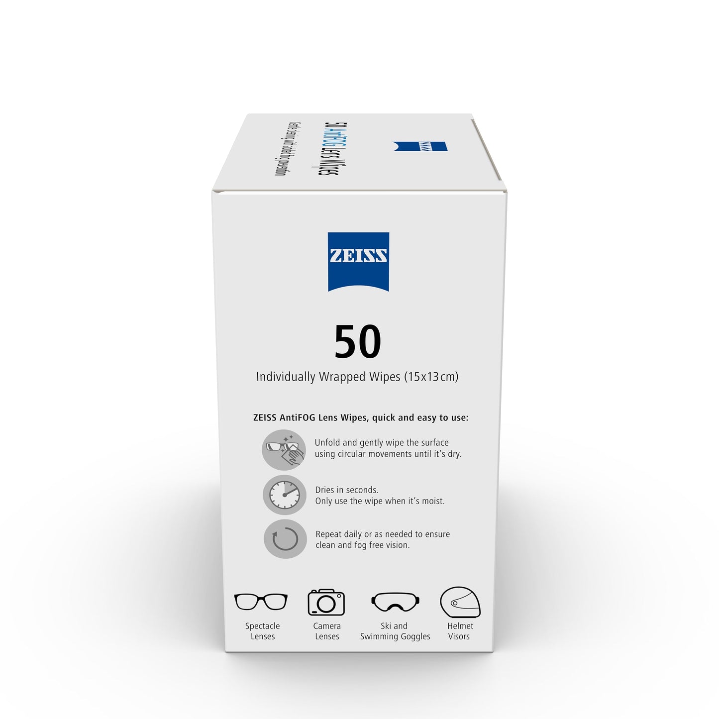 ZEISS AntiFOG Wipes, Lens Cleaner for Glasses, Cameras & Binoculars, Individually Packed Single Use Disposable Cloths in Sachets, for Handy and Portable Spectacle Cleaning On The Go – Pack of 50