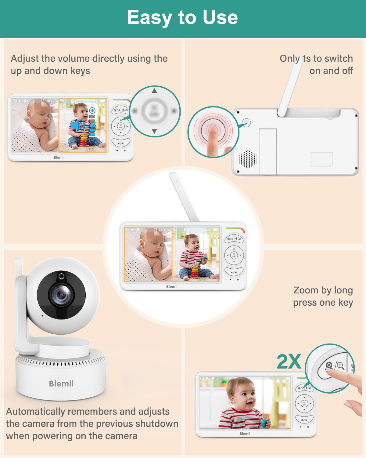 6" Baby Monitor with 2 Cameras and Audio 30 Hours Battery Upgrade Split Screen Video Baby Monitor Remote Pan-Tilt-Zoom 178°Wide-Angle 150 Languages No WiFi ECO 2-Way Talk Night Vision 1000ft Travel