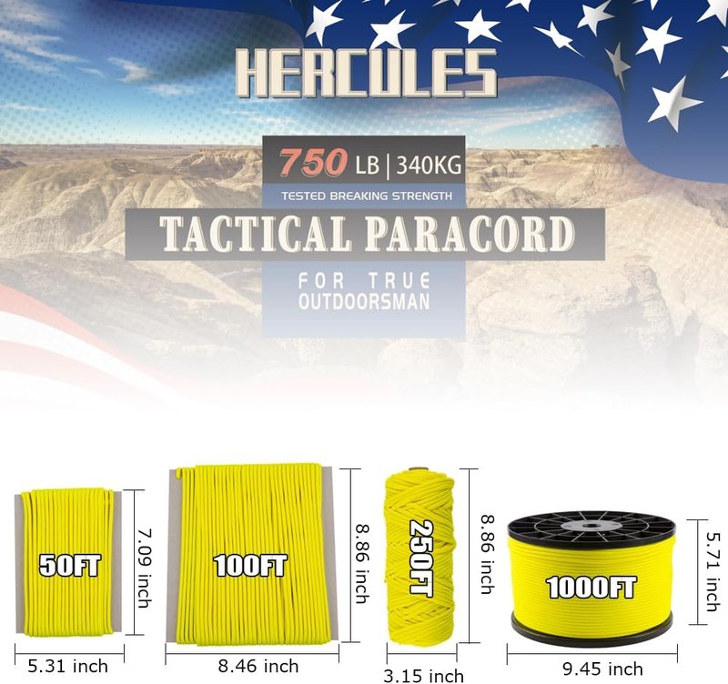 HERCULES 750lb Paracord - 4mm Tactical Parachute Cord for Camping & Survival | Neon Yellow, 250FT