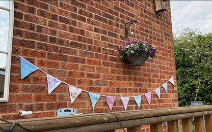 G2PLUS 36PCS Double Sided Fabric Bunting, 10M Blue and Purple Floral Cotton Banner, 17x19CM Large Triangle Garland Reusable for Indoor and Outdoor Party Decoration