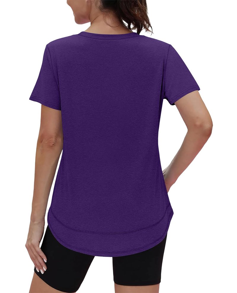 Workout Tops for Women Spring Summer Short Sleeve Golf Outfits Gym Essentials Activewear Running Shirts V Neck Purple S
