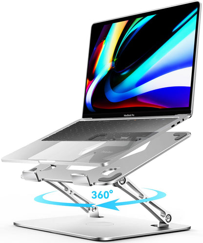 ivoler Adjustable Laptop Stand with 360° Rotating Base, Ergonomic Laptop Stand for Desk, Foldable & Portable Laptop Riser, for Collaborative Work, Fit MacBook Laptops up to 16 inches Silver