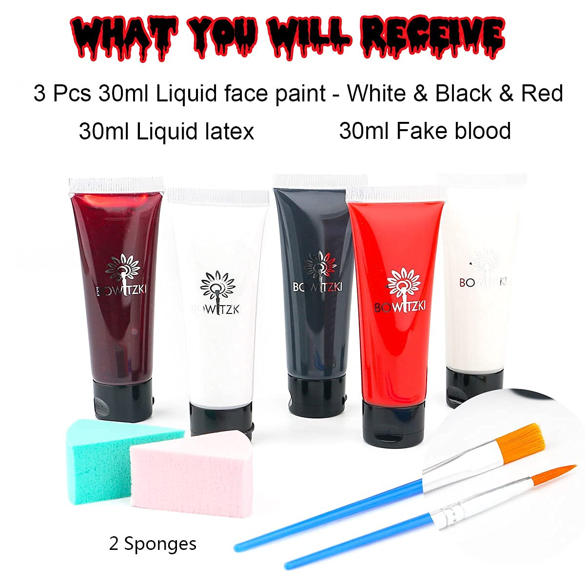 Bowitzki Halloween Makeup Kit Cream Face Paint Water Based Liquid Latex Fake Blood Brush Sponges Body Painting Special Effects SFX Zombie Vampire Monster Christmas Party red black white