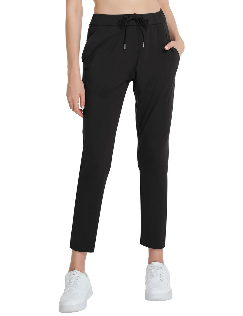 Foucome Women's Golf Pants with Pockets 7/8 Ankle Pants Stretchy Drawstring Sweatpants for Athletic, Lounge, Travel, Work (Black L)