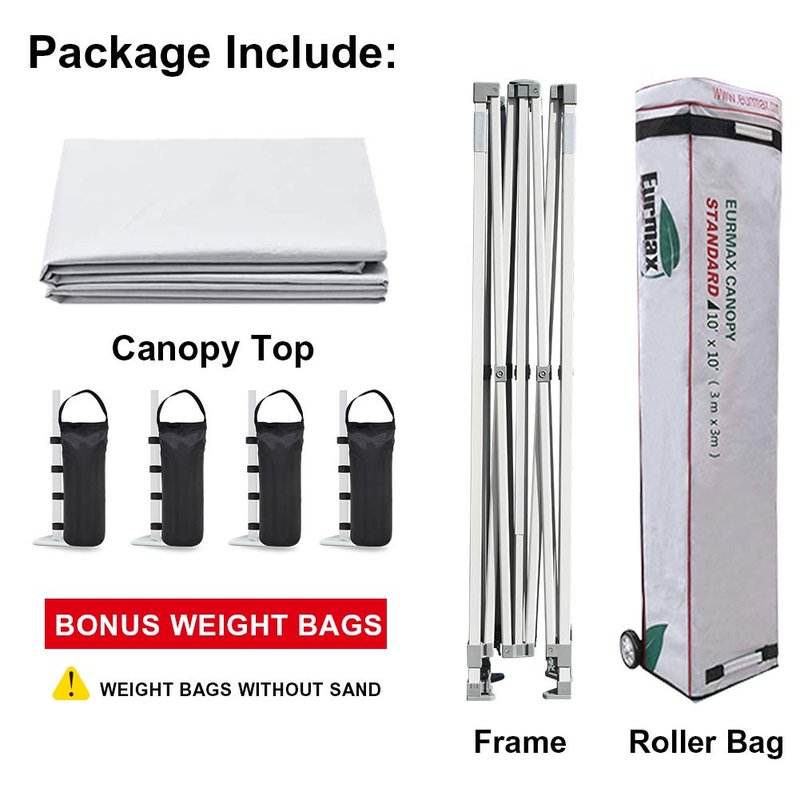 Eurmax USA Patented 10x10 Pop Up Canopy Tent Party Tent Commercial Instant Canopies Shelter with Heavy Duty Roller Bag,Bonus 4 Sand Bags (Snow White)