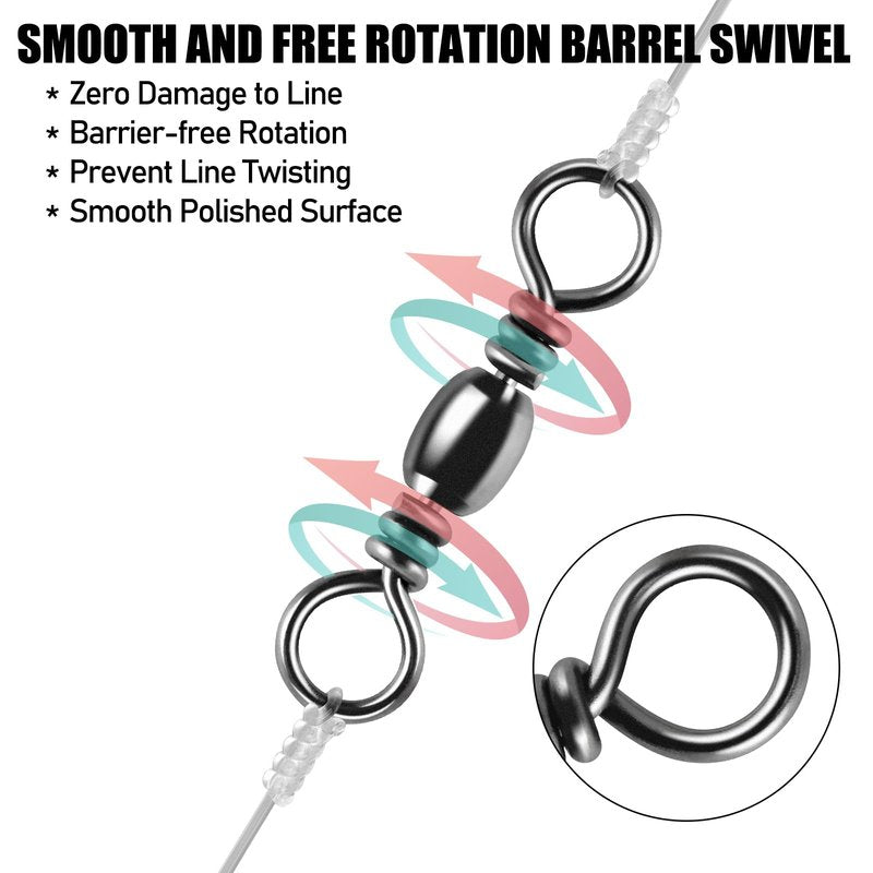 Alwonder 100PCS Fishing Barrel Swivels, High Strength Stainless Solid Ring Brass Barrel Swivel with Black Nickel Coating, Rolling Fishing Swivels Tackle Line Connector Saltwater Freshwater 62LB
