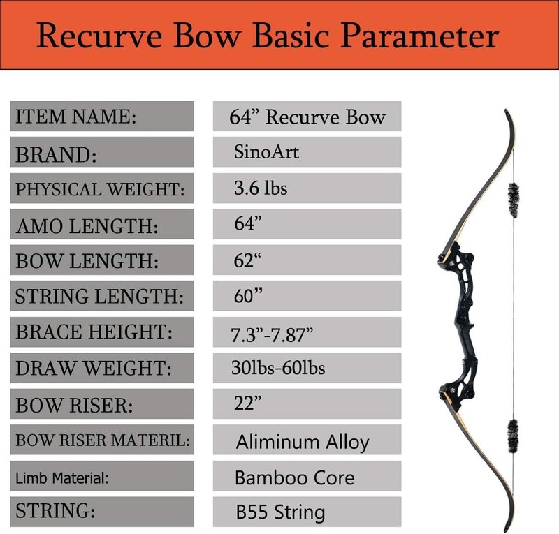 SinoArt 64” Takedown Recurve Bow - Metal Riser, 30-60Lbs, Right-Handed for Archery Hunting