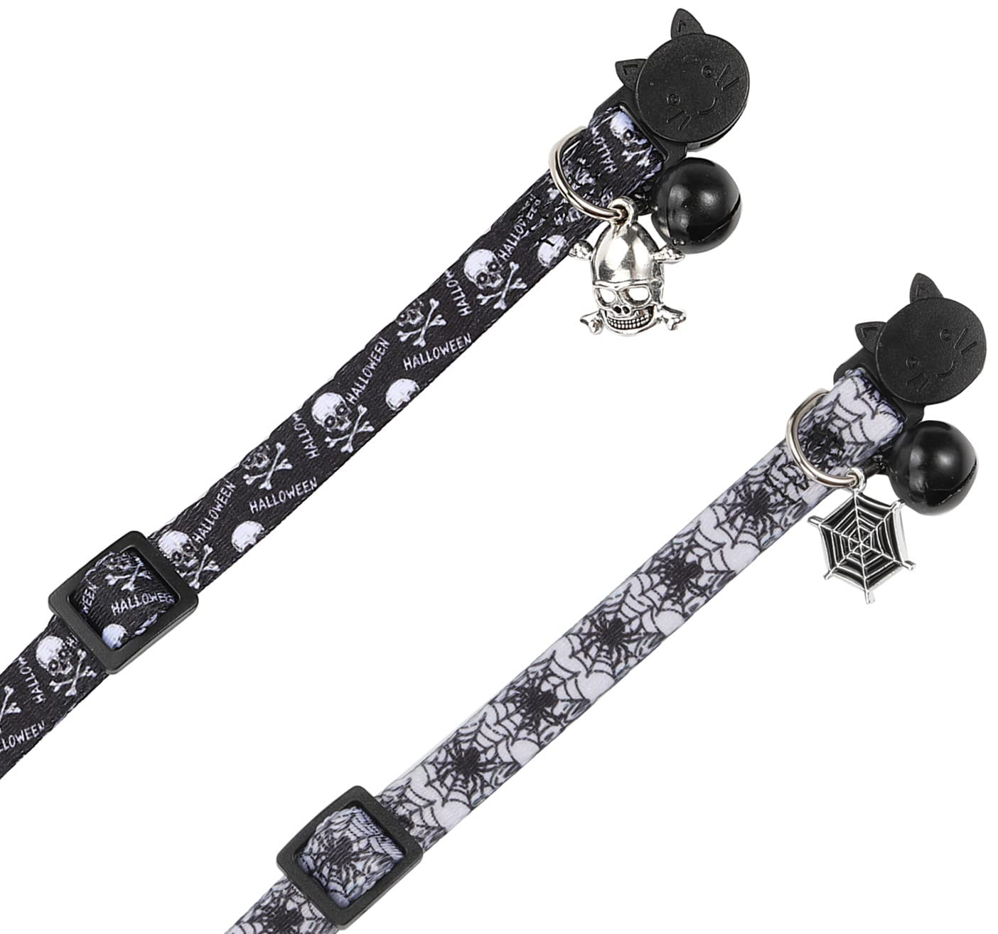 Cat Collar Halloween Set of 2, Skull Cat Collar for Small Dogs, Holiday Kitten Collar with Bell
