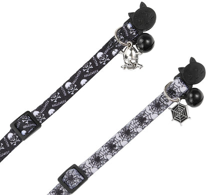 Cat Collar Halloween Set of 2, Skull Cat Collar for Small Dogs, Holiday Kitten Collar with Bell