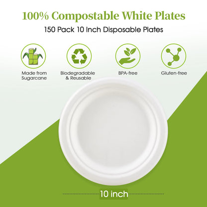 ECOLipak 100% Compostable 10 Inch Heavy Duty Paper Plates, 150 Pack Disposable Biodegradable Eco-friendly Sugarcane Bagasse Plates for Dinner Party(White)
