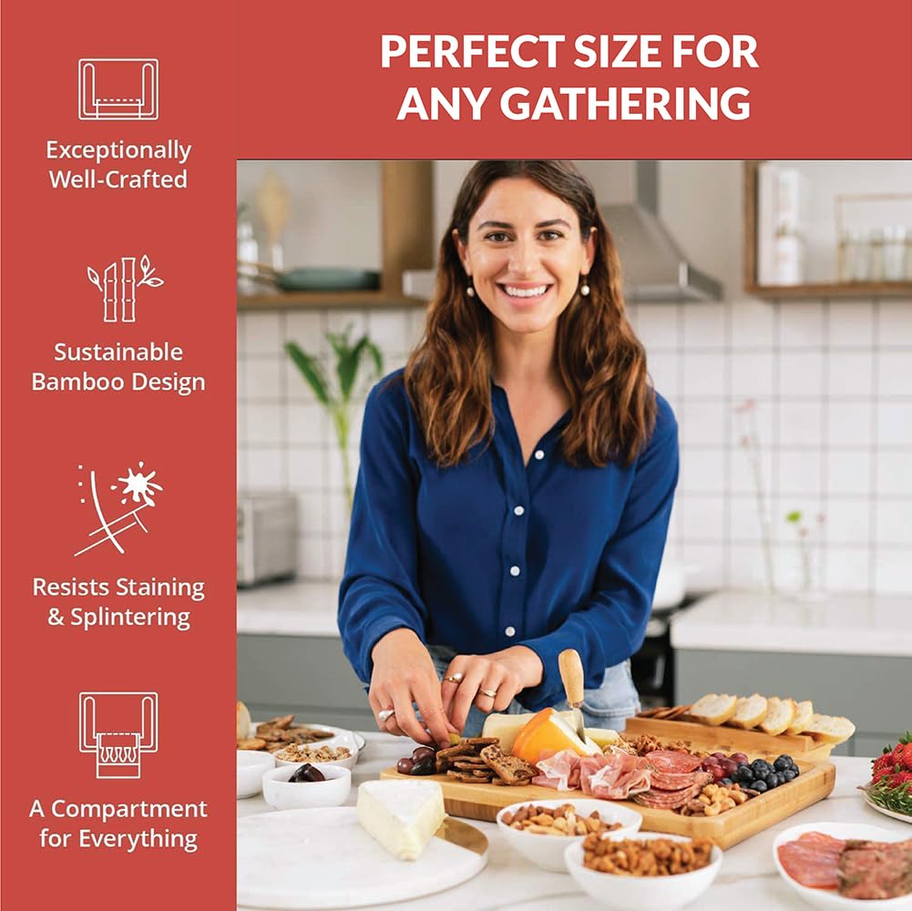 Bamboo Cheese Board and Knife Set - Beautiful Charcuterie Board for Wine, Cheese, and Gifts