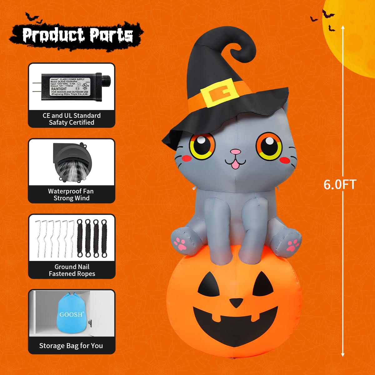 GOOSH 6 FT Halloween Inflatables Cat Outdoor Decorations Blow Up Yard Cute Wizard Cat Sitting Pumpkin with Built-in LEDs for Garden Lawn Indoor Party Decor