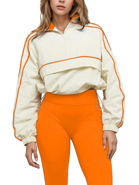 Kinivi Women Stretch Water Repellent Half Zip Crop Windbreaker Jacket Stand Collar Contrast Piping Lightweight