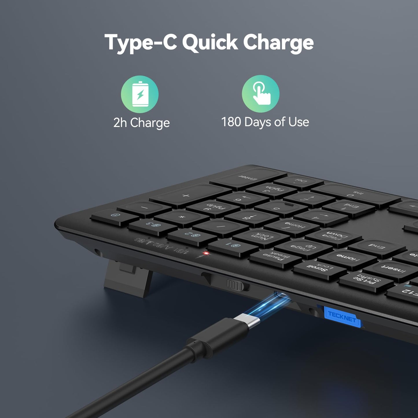 TECKNET Wireless Keyboard, Rechargeable 2.4GHz USB Bluetooth Keyboard for 4 Multi Devices, Ultra Slim Full Size UK Layout Keyboards for Computer, Laptop, Tablet, Desktop, Phone (Dark Black)