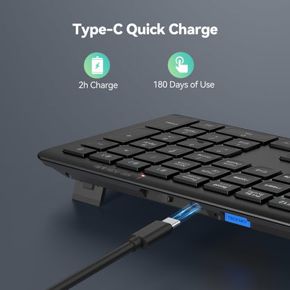 TECKNET Wireless Keyboard, Rechargeable 2.4GHz USB Bluetooth Keyboard for 4 Multi Devices, Ultra Slim Full Size UK Layout Keyboards for Computer, Laptop, Tablet, Desktop, Phone (Dark Black)