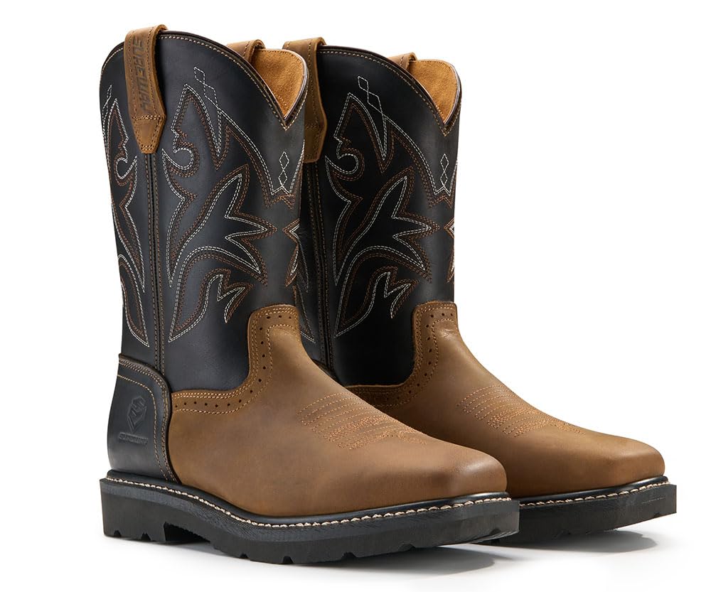 SUREWAY Western Boots - Men’s Square Toe Work Boot,Pull On Leather Wellington Boots,Durable Classic Slip Resistant Soft Toe Cowboy Boot