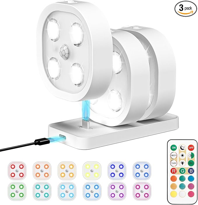 3PCS Motion Sensor Step Light, Wireless Rechargeable Puck Lights with Remote, Under Cabinet Lights with 3 Colors&RGB, Magnet Stick on Light for Closet, Hallway, Stairway, Bathroom, Bedroom, Kitchen