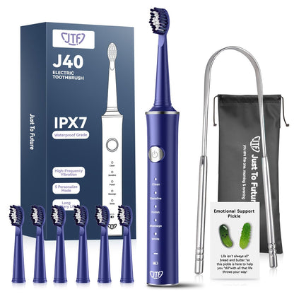 JTF Sonic Electric Toothbrush for Adults: 6 Brush Heads, Travel Bag, Tongue Scraper, 5 Brushing Modes for Teeth, Smart Timer and IPX7 Waterproof, Rechargeable Toothbrush for Deep Cleaning & Whitening