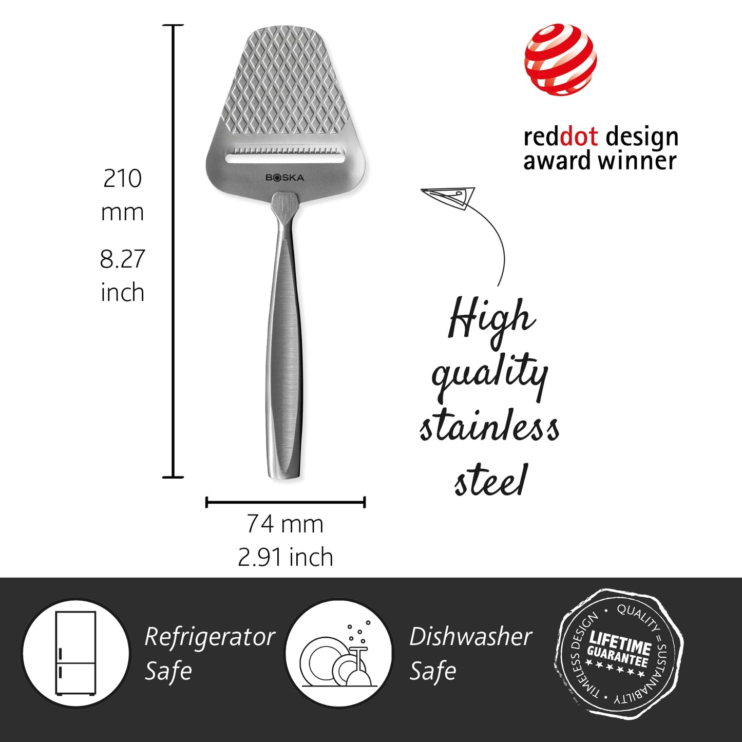 BOSKA Monaco+ Premium Cheese Slicer - Award Winning Cheese Cutter for Block Cheese, Cheddar up to Parmesan - Quilted Pattern reduces Resistance - Non-stick & Ergonomic Handheld