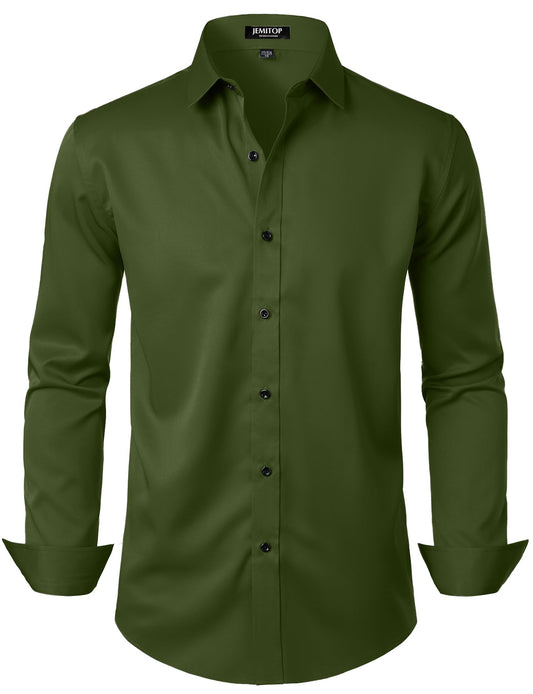 JEMITOP Men's Stretch Wrinkle Free Dress Shirts Formal Wedding Prom Long Sleeve Button Down Shirt Army Green S