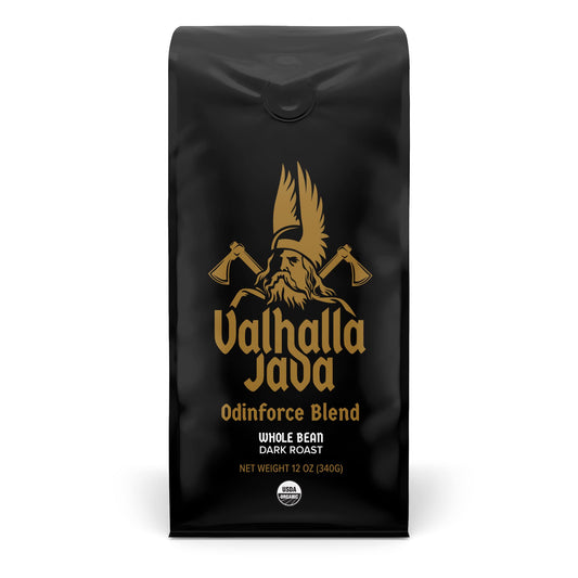 Death Wish Coffee, Valhalla Java Odinforce Blend - Whole Bean Dark Roast - Extra Kick of Caffeine - Arabica & Robusta Coffee Beans - 12 Ounce (Pack of 1)