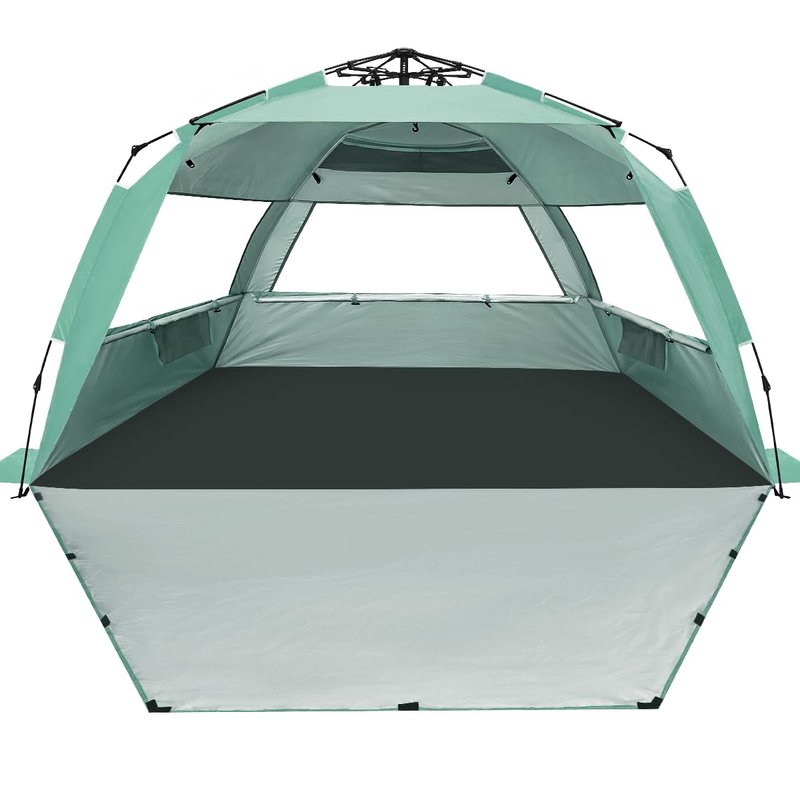 WhiteFang Deluxe XL Pop Up Beach Tent Sun Shade Shelter for 3-4 Person, UV Protection, Extendable Floor with 3 Ventilating Windows Plus Carrying Bag, Stakes, and Guy Lines (Mint Green)