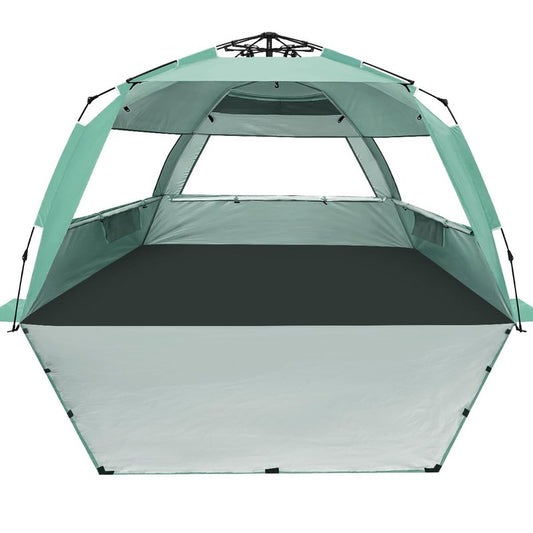 WhiteFang Deluxe XL Pop Up Beach Tent Sun Shade Shelter for 3-4 Person, UV Protection, Extendable Floor with 3 Ventilating Windows Plus Carrying Bag, Stakes, and Guy Lines (Mint Green)