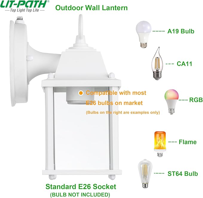 LIT-PaTH Dusk to Dawn Outdoor Wall Lantern, Wall Sconce Waterproof Porch Lighting Fixture, E26 Base, Aluminum Housing with Glass Shade, 1-Pack, White