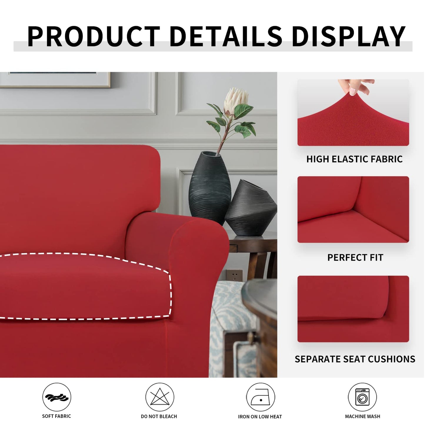 Easy-Going 2 Pieces Microfiber Stretch Chair Slipcover – Spandex Soft Fitted Sofa Couch Cover Washable Furniture Protector with Elastic Bottom Kids Pet Christmas Red
