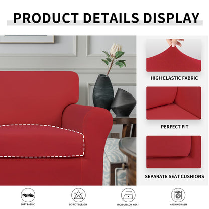 Easy-Going 2 Pieces Microfiber Stretch Chair Slipcover – Spandex Soft Fitted Sofa Couch Cover Washable Furniture Protector with Elastic Bottom Kids Pet Christmas Red