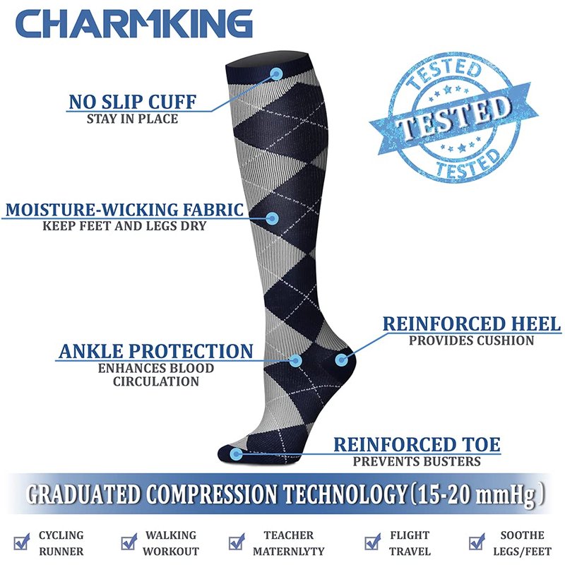 CHARMKING Compression Socks for Women & Men (8 Pairs) 15-20 mmHg Graduated Copper Support Calf Socks are Best for Pregnant, Nurses - Boost Performance, Circulation, Knee High Wide Calf(L/XL, Multi 18)