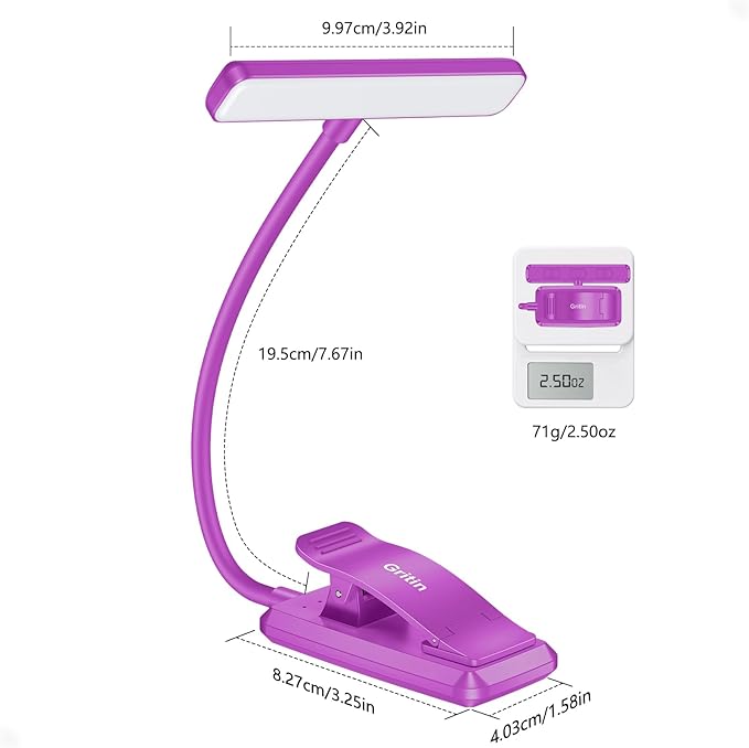 Gritin 19 LED Rechargeable Book Light for Reading in Bed with Memory Function- Eye Caring 3 Color Temperatures,Stepless Dimming Brightness,80 Hrs Runtime Clip on Light for Book Lovers-Dark Purple
