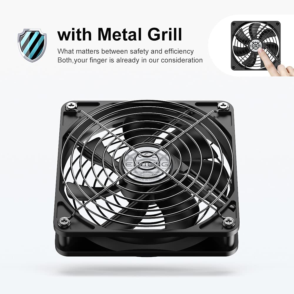 ELUTENG 120mm USB PC Fan 5V with L/M/H 3 Adjustable Speed Portable USB Computer Fan Electronic Cooling Fan 1500 RPM with Metal Grill for Laptop/TV Box/AV Cabinet/PS4/PS5/Router